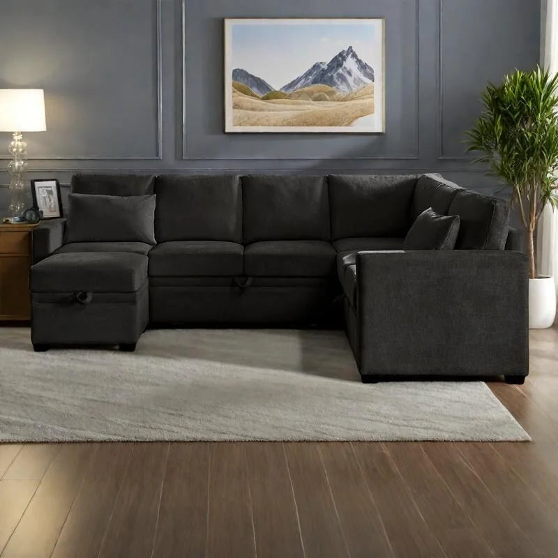 105.5 U-Shaped 5-Seater Sleeper Sofa with Pull-Out Bed and Storage Ottoman