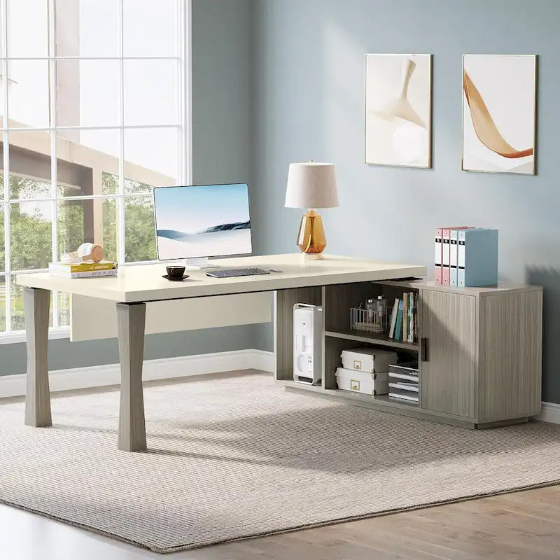 8.7 Executive Desk, L-Shaped Office Table with Cabinet & Shelves