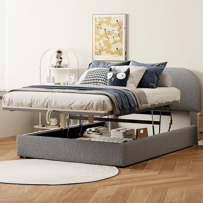 Lift Up Storage Platform Bed Frame, Teddy Fleece Low Profile Bed Hydraulic Storage System, Curved Headboard, Wood Panel Bed