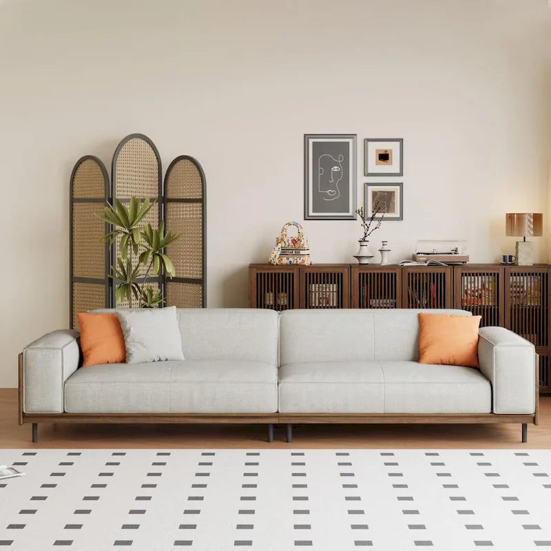 Mid-Century Modern 4 Seater Sofa Walnut Cotton Linen Upholstery, Removable Washable Covers, Deep Cushions with Pillows