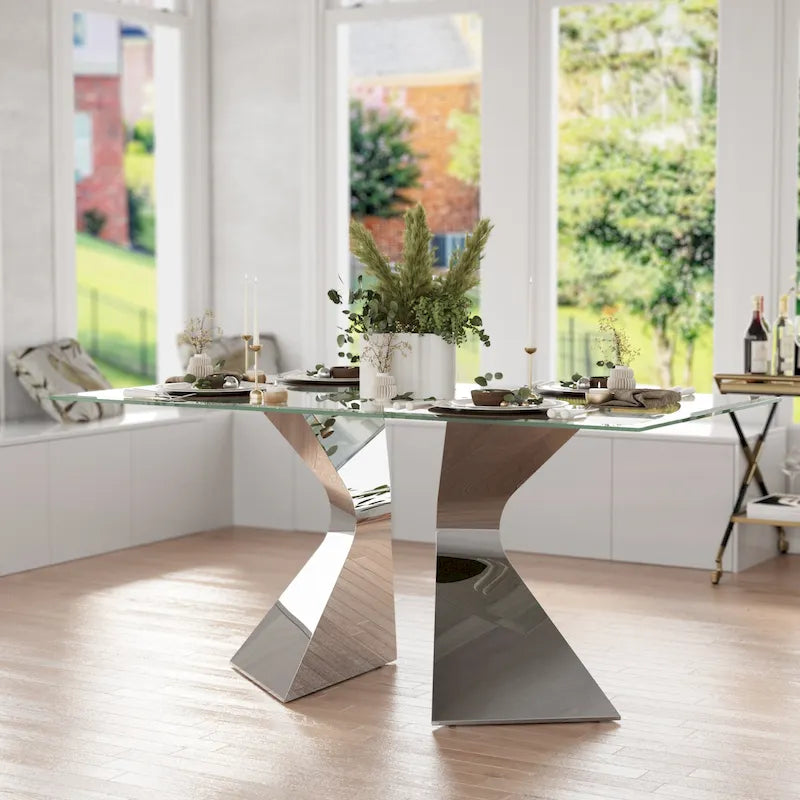 63 inch Glass Dining Table Modern Dining Room Table for 4-6 with Rectangle Tempered Glass Top and Metal Legs