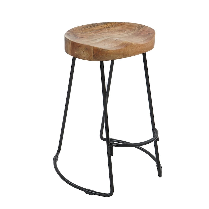 24 Inch Handcrafted Backless Barstool, Natural Brown Mango Wood Thick Saddle Seat, Black Iron Base