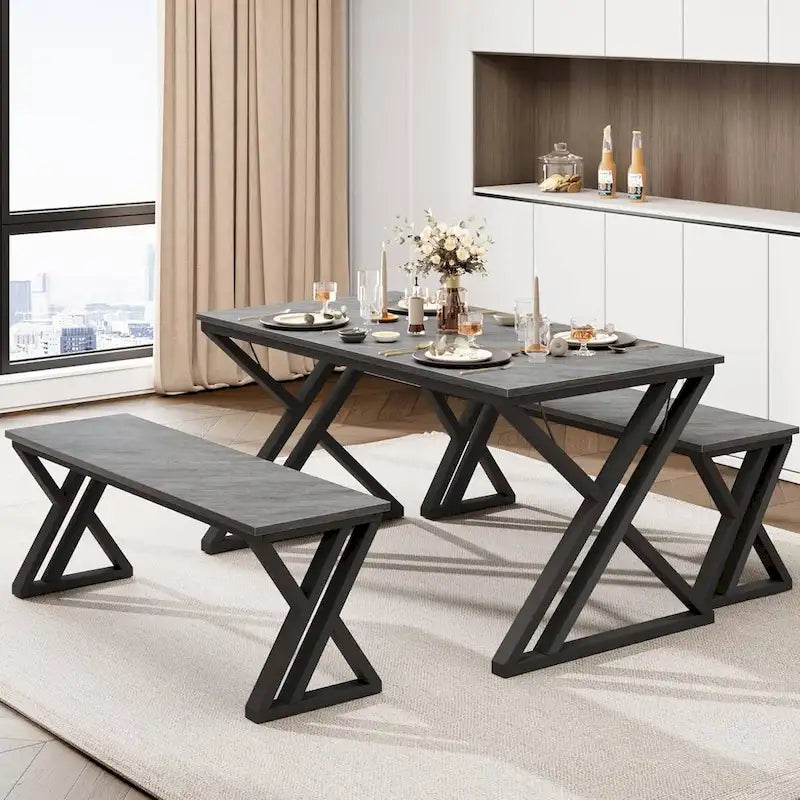 Modern Kitchen Dining Table Set with 2 Benches - N/A