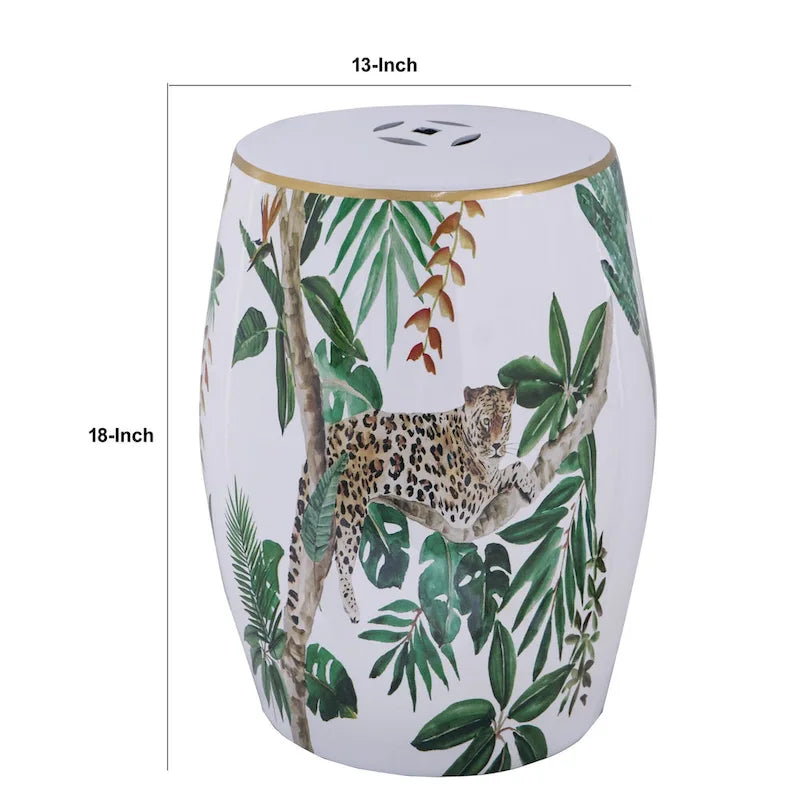 18 Inch Ceramic Accent Table, Drum Shape, Tropical Print, White, Green