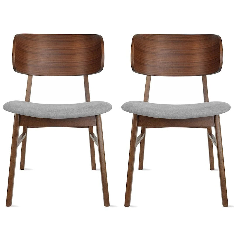 Set of 2 Retro Brown Wood Leg Dining Room Chair With Curved Back Fabric Cushions Upholstered Seat
