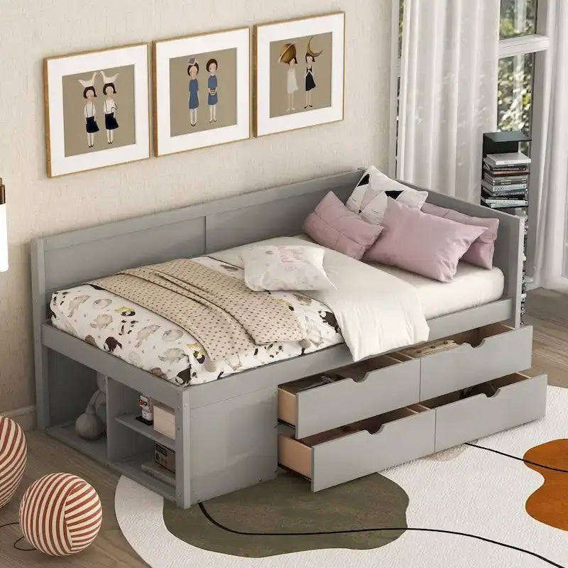 Daybed with Storage Drawers and Bookcase Shelves,Captains Corner Day Bed for Kids Boys Girls Adults