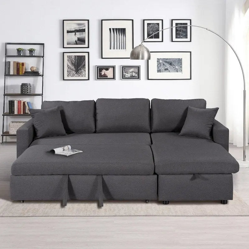 Upholstery Sleeper Sectional Sofa with Storage Space and 2 Tossing Cushions