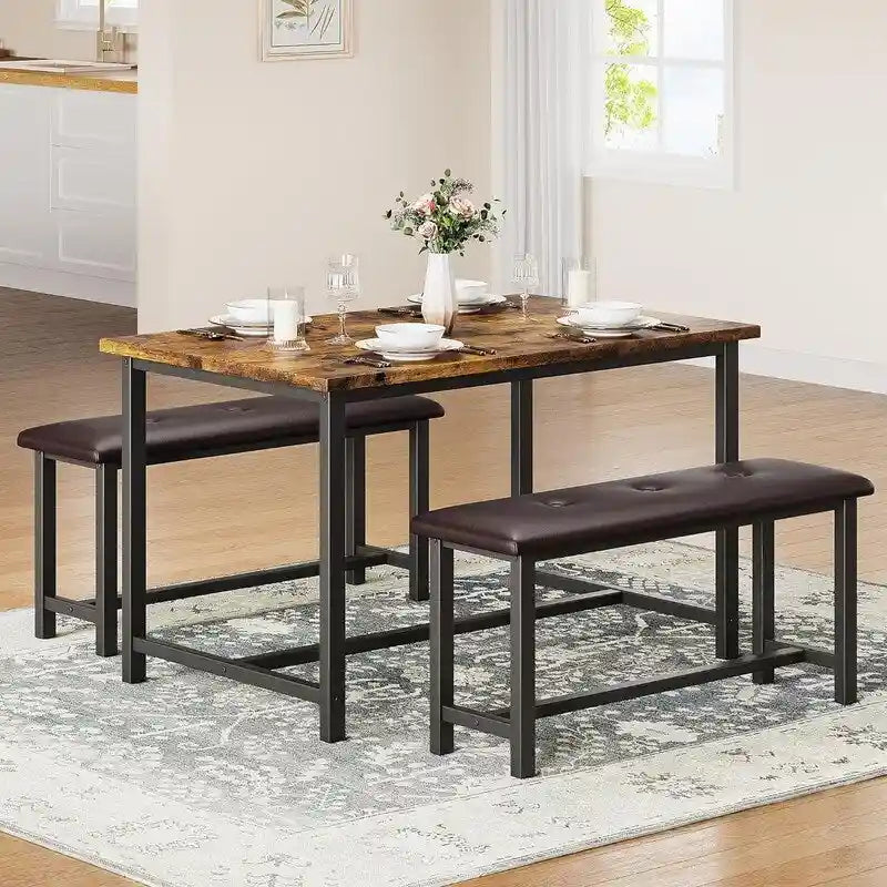 Dining Table Set for 4, Kitchen Table with 2 Upholstered Benches