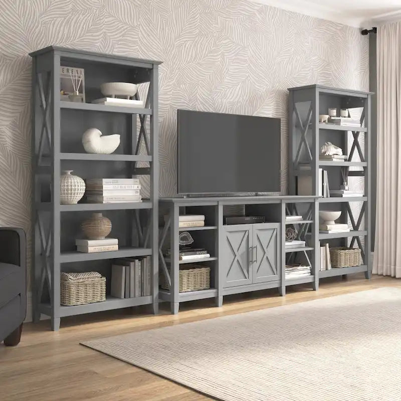 Tall Farmhouse TV Stand with 2 Bookcases by Bush Furniture