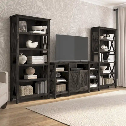 Tall Farmhouse TV Stand with 2 Bookcases by Bush Furniture