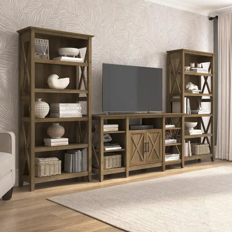 Tall Farmhouse TV Stand with 2 Bookcases by Bush Furniture
