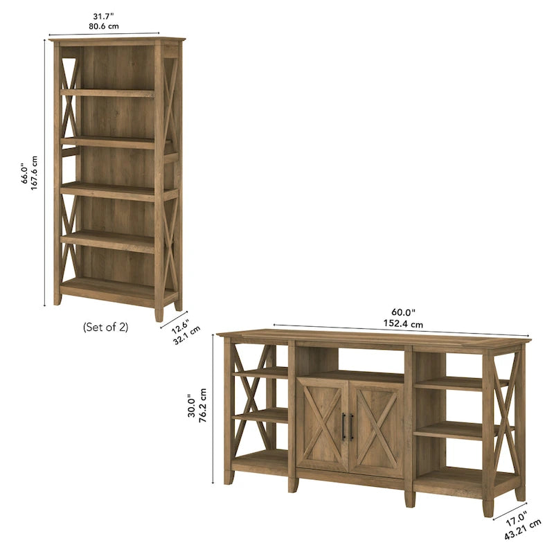 Tall Farmhouse TV Stand with 2 Bookcases by Bush Furniture