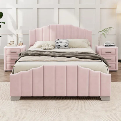 Modern King Size Upholstered Platform Bed with Quilted Headboard and Footboard, Wooden Frame, No Box Spring Needed