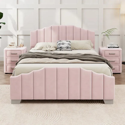 Modern King Size Upholstered Platform Bed with Quilted Headboard and Footboard, Wooden Frame, No Box Spring Needed