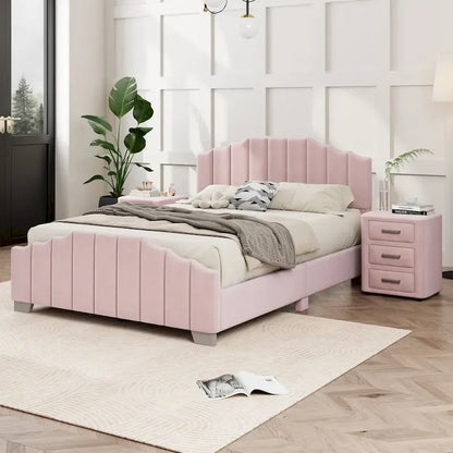 Modern King Size Upholstered Platform Bed with Quilted Headboard and Footboard, Wooden Frame, No Box Spring Needed