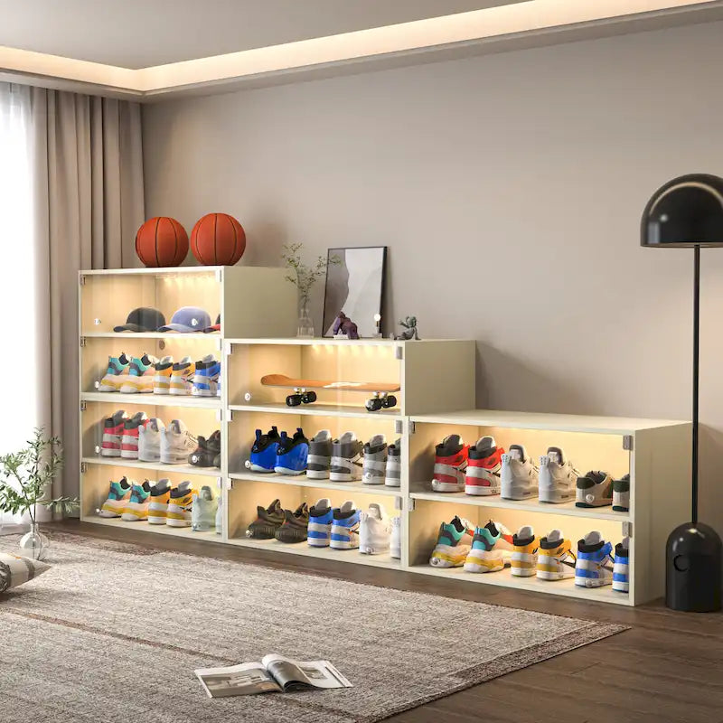 Glass Door Shoe Box Shoe Storage Cabinet For Sneakers With RGB Led Light