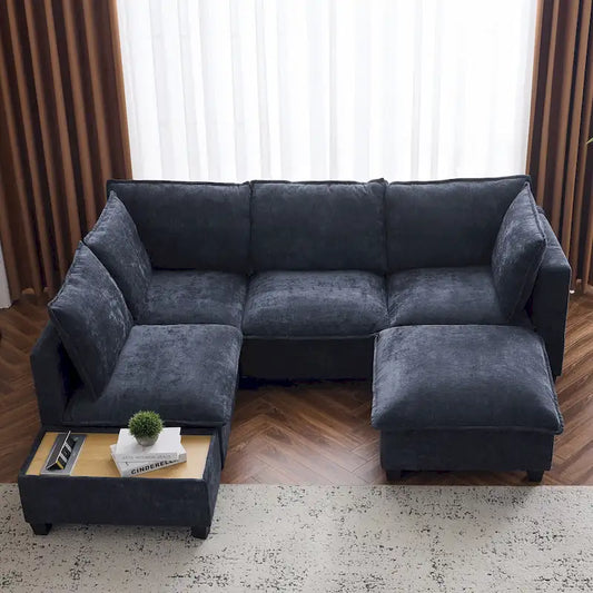 U-shaped Sectional Sofa Modular Sofa Couch with Movable Ottoman Coffee Table and Hidden Charging Devices for Living Room