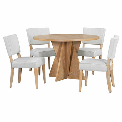 5-Piece Wooden Dining Table Set, Kitchen Table and Chairs Set, Round Table with Cross Base and 4 Upholstered Chairs
