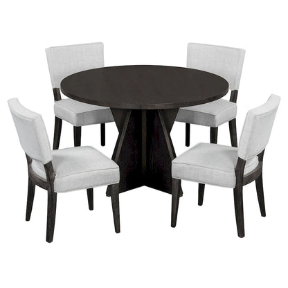 5-Piece Wooden Dining Table Set, Kitchen Table and Chairs Set, Round Table with Cross Base and 4 Upholstered Chairs