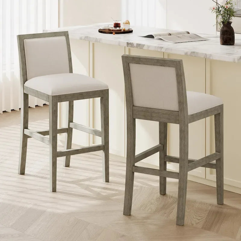 30.5 H Bar Stools Set of 2, Rubberwood Frame, Fabric Upholstered Bar Stools, Vintage Kitchen Island Stool Without Arms