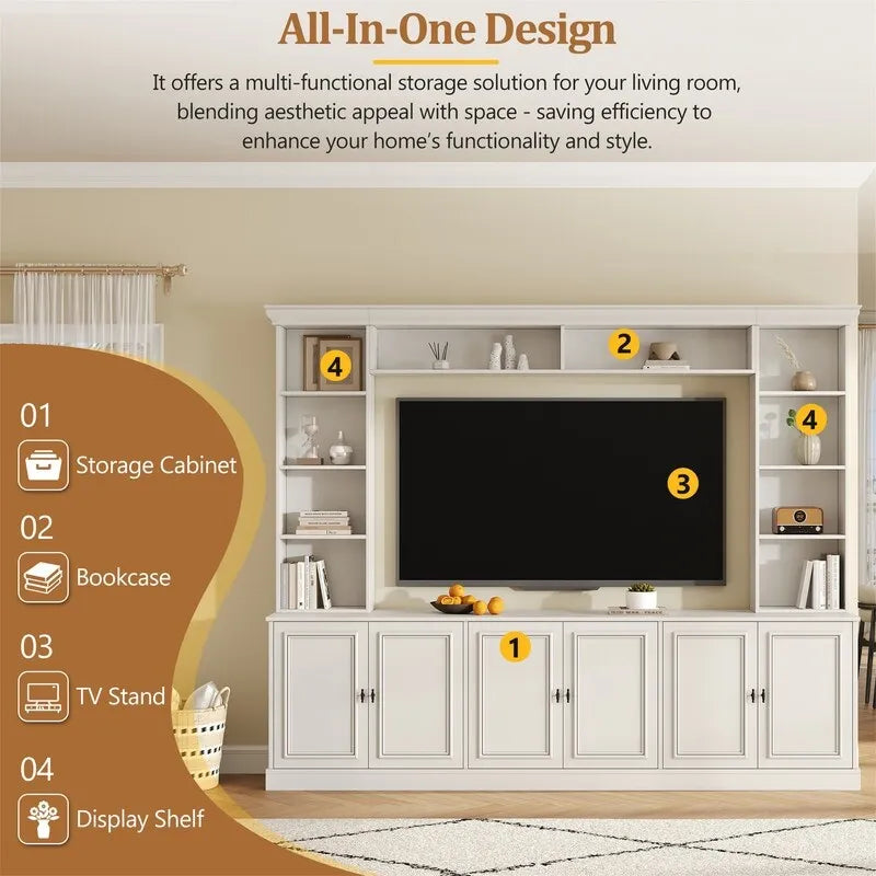 4-Piece Wall Unit Entertainment Center Set with Bookshelf , Versatile TV Stand with Adjustable Shelf, Media Console with Bridge