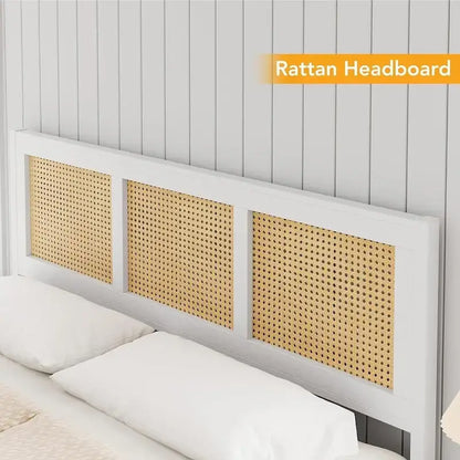 Bohemian Rattan Platform Bed Frame with Strong Metal Slats Support