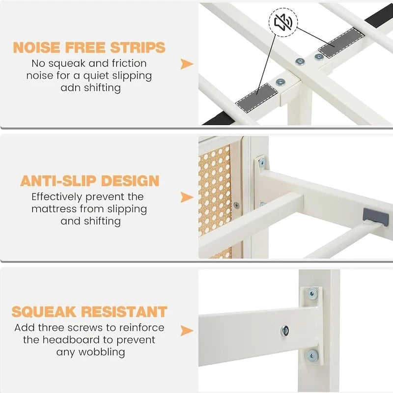 Bohemian Rattan Platform Bed Frame with Strong Metal Slats Support