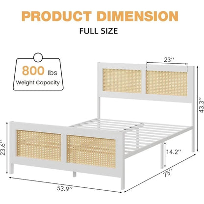 Bohemian Rattan Platform Bed Frame with Strong Metal Slats Support