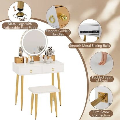 Costway Vanity Makeup Dressing Table Stool Set 3-Color Lighted Mirror - See Details