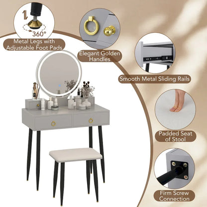 Costway Vanity Makeup Dressing Table Stool Set 3-Color Lighted Mirror - See Details
