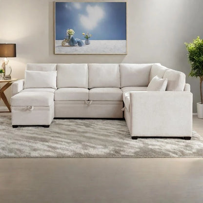 105.5 U-Shaped 5-Seater Sleeper Sofa with Pull-Out Bed and Storage Ottoman