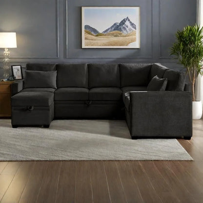 105.5 U-Shaped 5-Seater Sleeper Sofa with Pull-Out Bed and Storage Ottoman