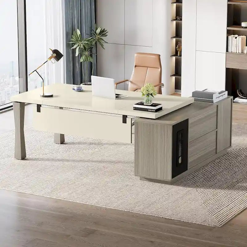 8.7 Executive Desk, L-Shaped Office Table with Cabinet & Shelves