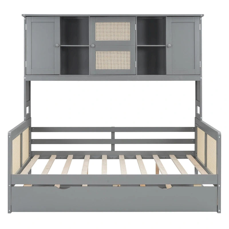 Large Bookcase Daybed Wooden Bed with Trundle and Top Storage Cabinet