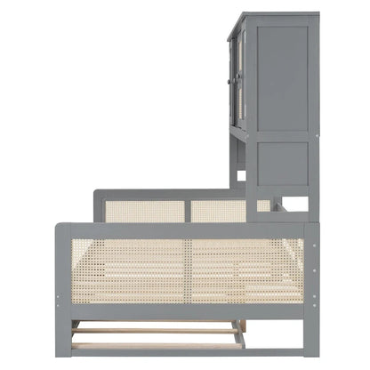 Large Bookcase Daybed Wooden Bed with Trundle and Top Storage Cabinet