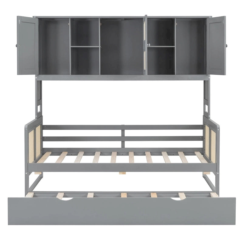 Large Bookcase Daybed Wooden Bed with Trundle and Top Storage Cabinet