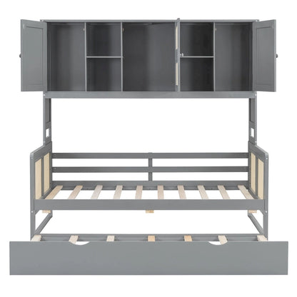 Large Bookcase Daybed Wooden Bed with Trundle and Top Storage Cabinet