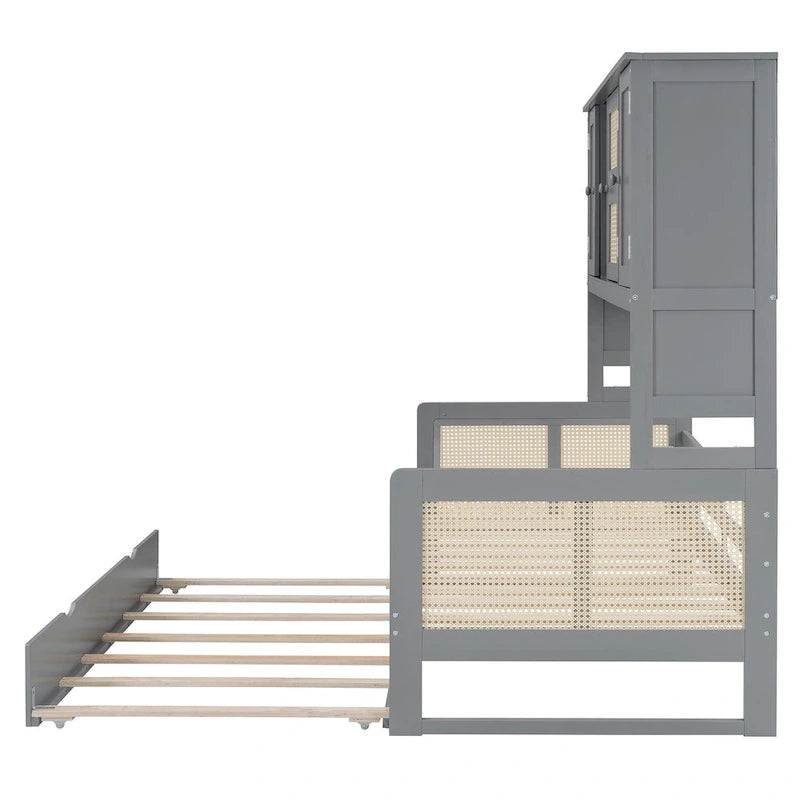 Large Bookcase Daybed Wooden Bed with Trundle and Top Storage Cabinet