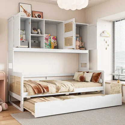 Large Bookcase Daybed Wooden Bed with Trundle and Top Storage Cabinet