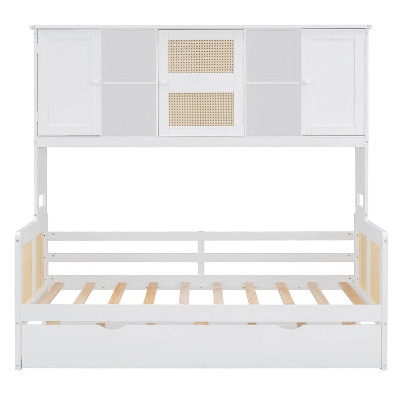 Large Bookcase Daybed Wooden Bed with Trundle and Top Storage Cabinet