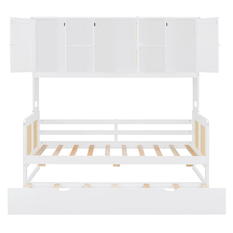 Large Bookcase Daybed Wooden Bed with Trundle and Top Storage Cabinet