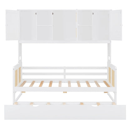 Large Bookcase Daybed Wooden Bed with Trundle and Top Storage Cabinet