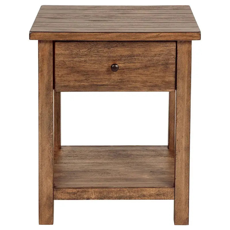 Ayne Side End Table, 1 Shelf, 1 Drawer, Brown Wood, Square 20 Inch