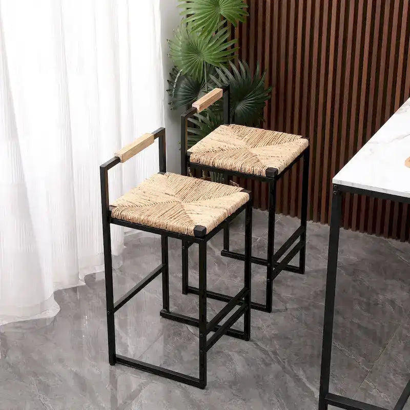 Hand Weave Bar Stools Set of 2, Counter Height Bar Stools with Metal Support Legs, Kitchen Island Stools with Back and Footrest