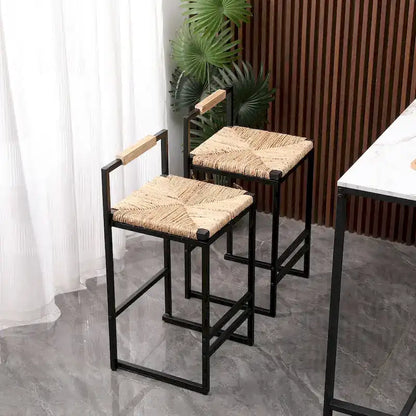 Hand Weave Bar Stools Set of 2, Counter Height Bar Stools with Metal Support Legs, Kitchen Island Stools with Back and Footrest