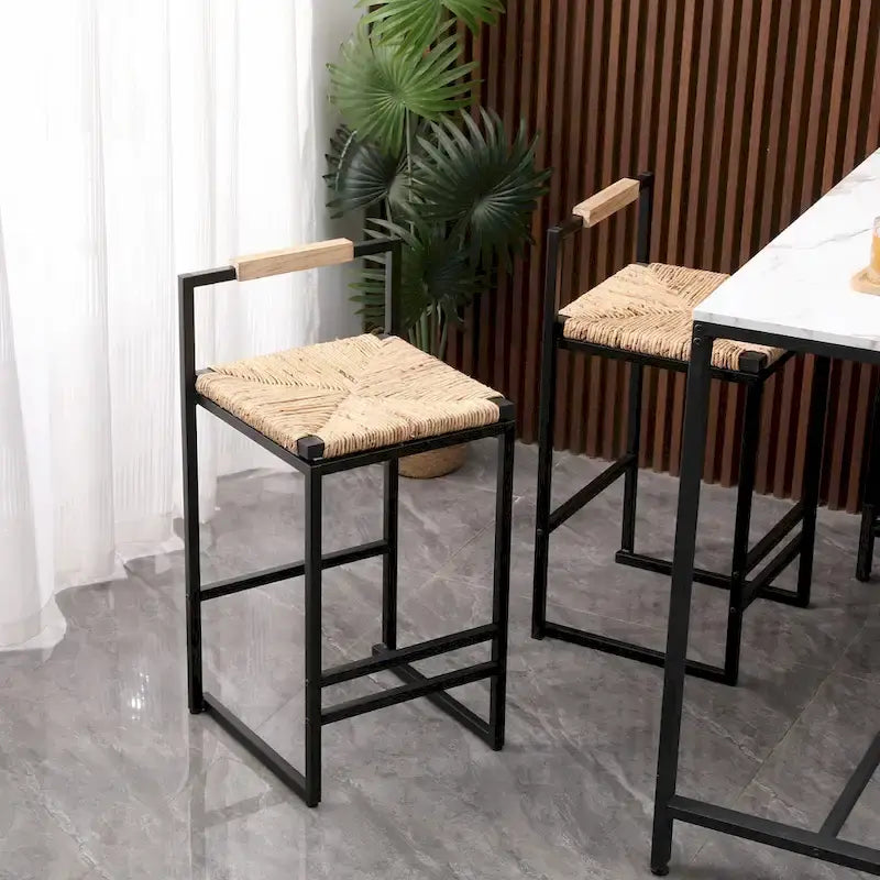 Hand Weave Bar Stools Set of 2, Counter Height Bar Stools with Metal Support Legs, Kitchen Island Stools with Back and Footrest