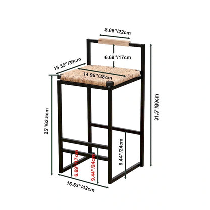 Hand Weave Bar Stools Set of 2, Counter Height Bar Stools with Metal Support Legs, Kitchen Island Stools with Back and Footrest