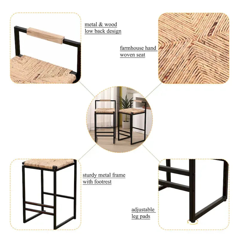 Hand Weave Bar Stools Set of 2, Counter Height Bar Stools with Metal Support Legs, Kitchen Island Stools with Back and Footrest