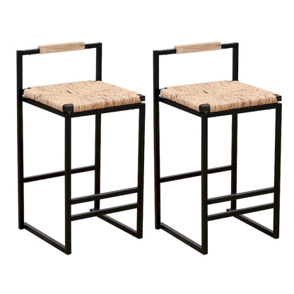 Hand Weave Bar Stools Set of 2, Counter Height Bar Stools with Metal Support Legs, Kitchen Island Stools with Back and Footrest