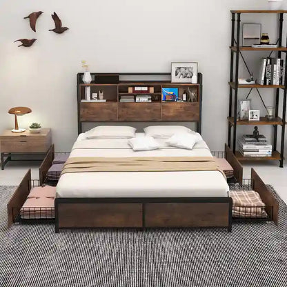 Gymax Queen Size Bed Frame w/ Bookcase Headboard & 4 Storage Drawers